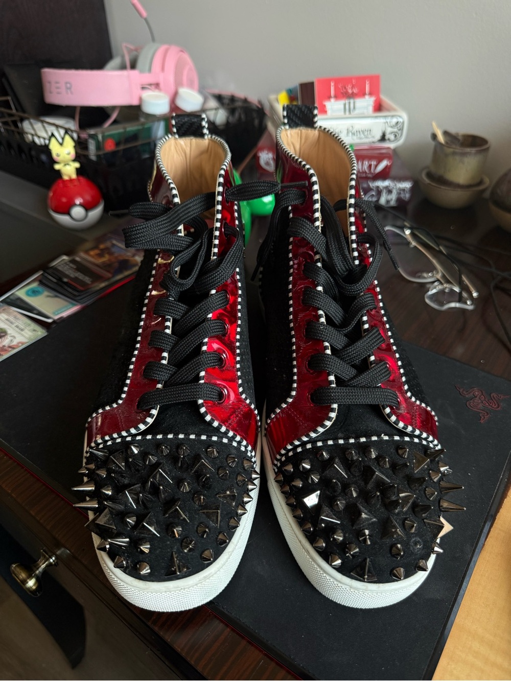 Men’s Christian Louboutin Size 42Spike Detail High-Top black and Red